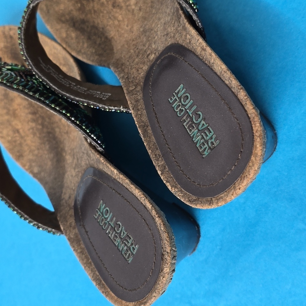 Kenneth Cole Reaction Turquoise Beaded Woven Cork Wedge Thong Sandals Shoes - Picture 8 of 11
